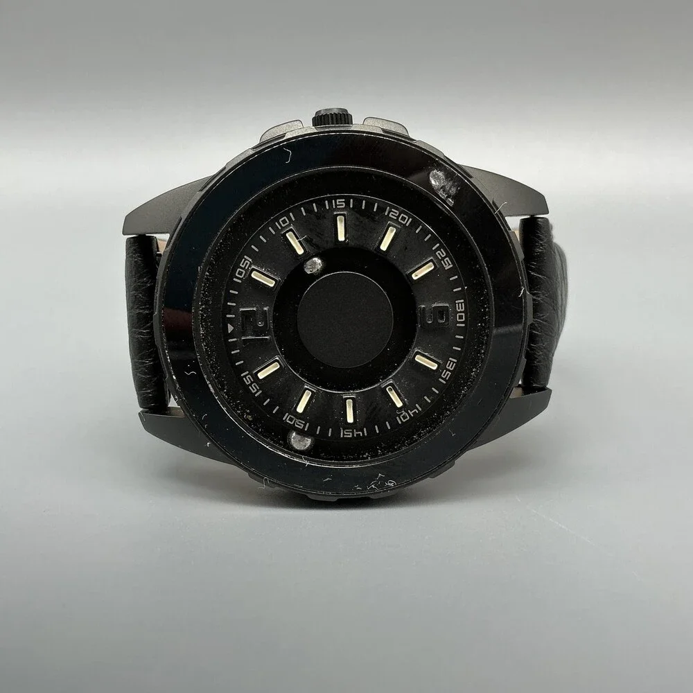 EUTOUR Mens Watch 40mm Black Dial Black Leather Magnetic Ball New Battery